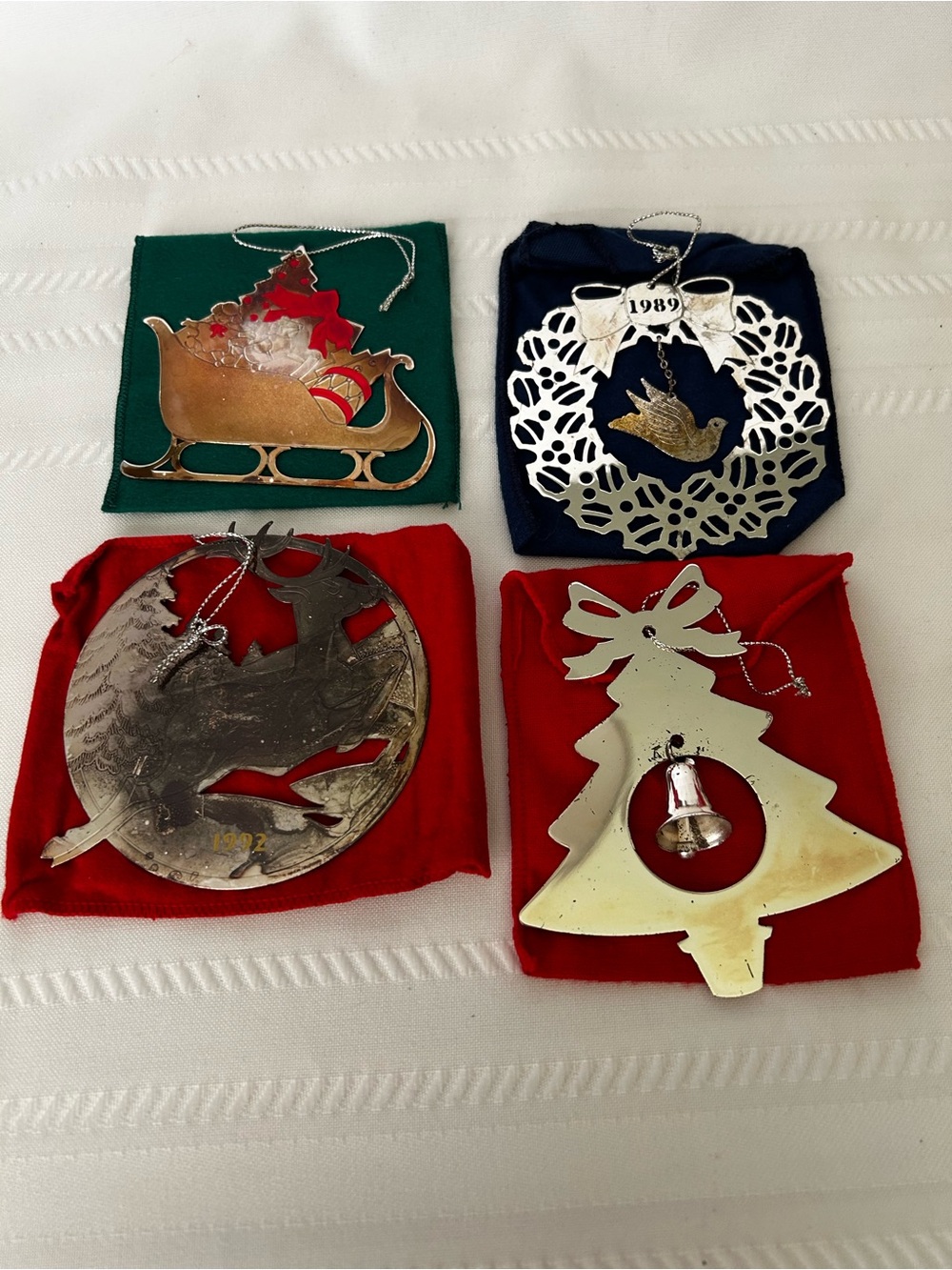 Vintage Set of 4 Avon Silver Plated Christmas Ornaments Tree Reindeer Sleigh